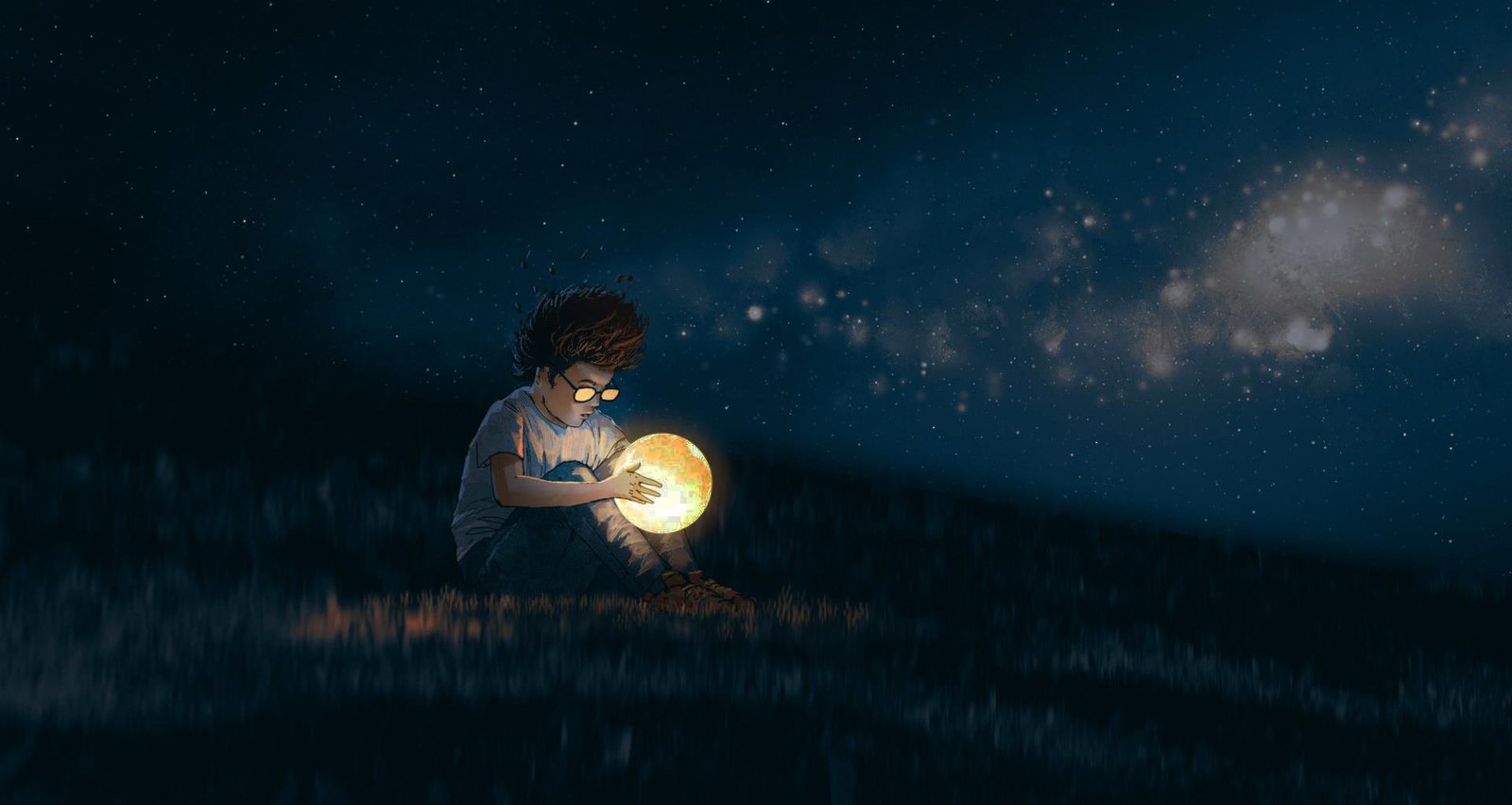 Criança segurando uma luz sob um céu estrelado