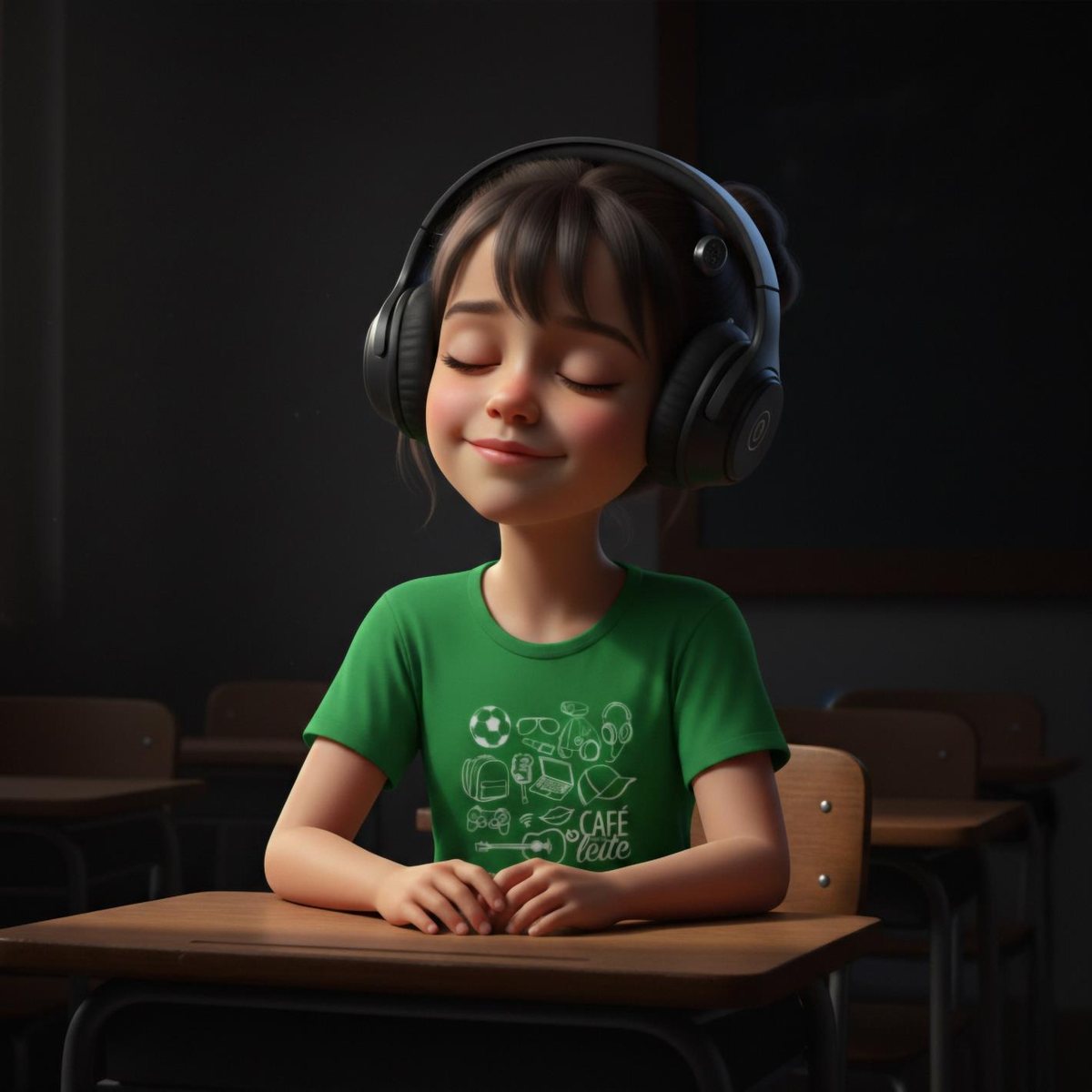 Criança ouvindo o episódio em áudio com fones de ouvido