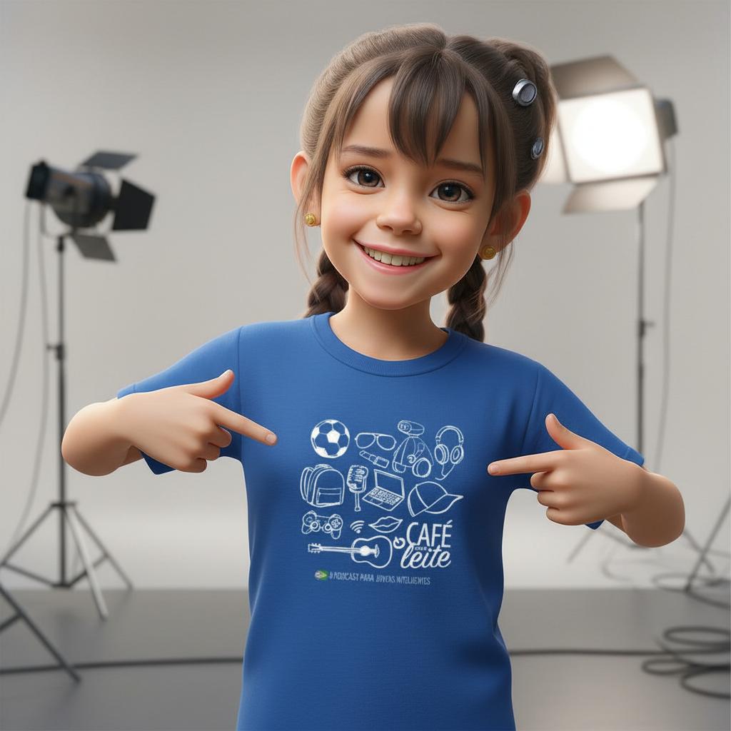 Babica apresentando a camiseta do Café com Leite na Escola