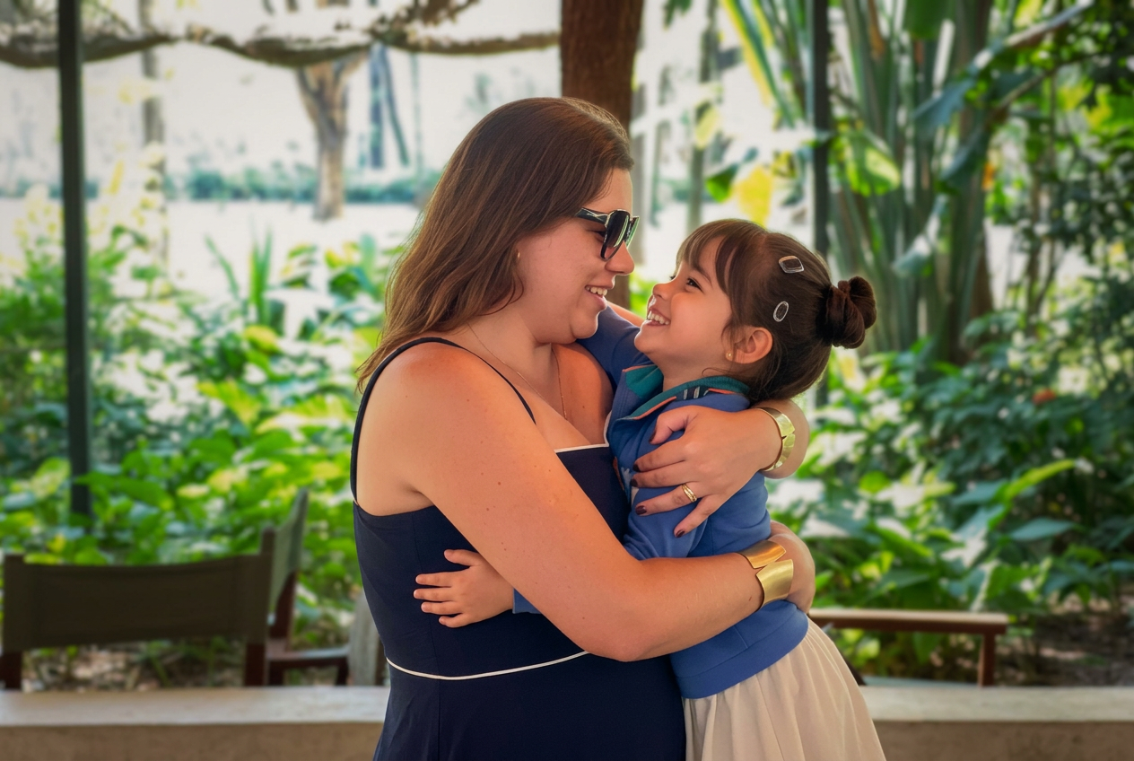 Bárbara e Babica abraçadas em um ambiente escolar acolhedor